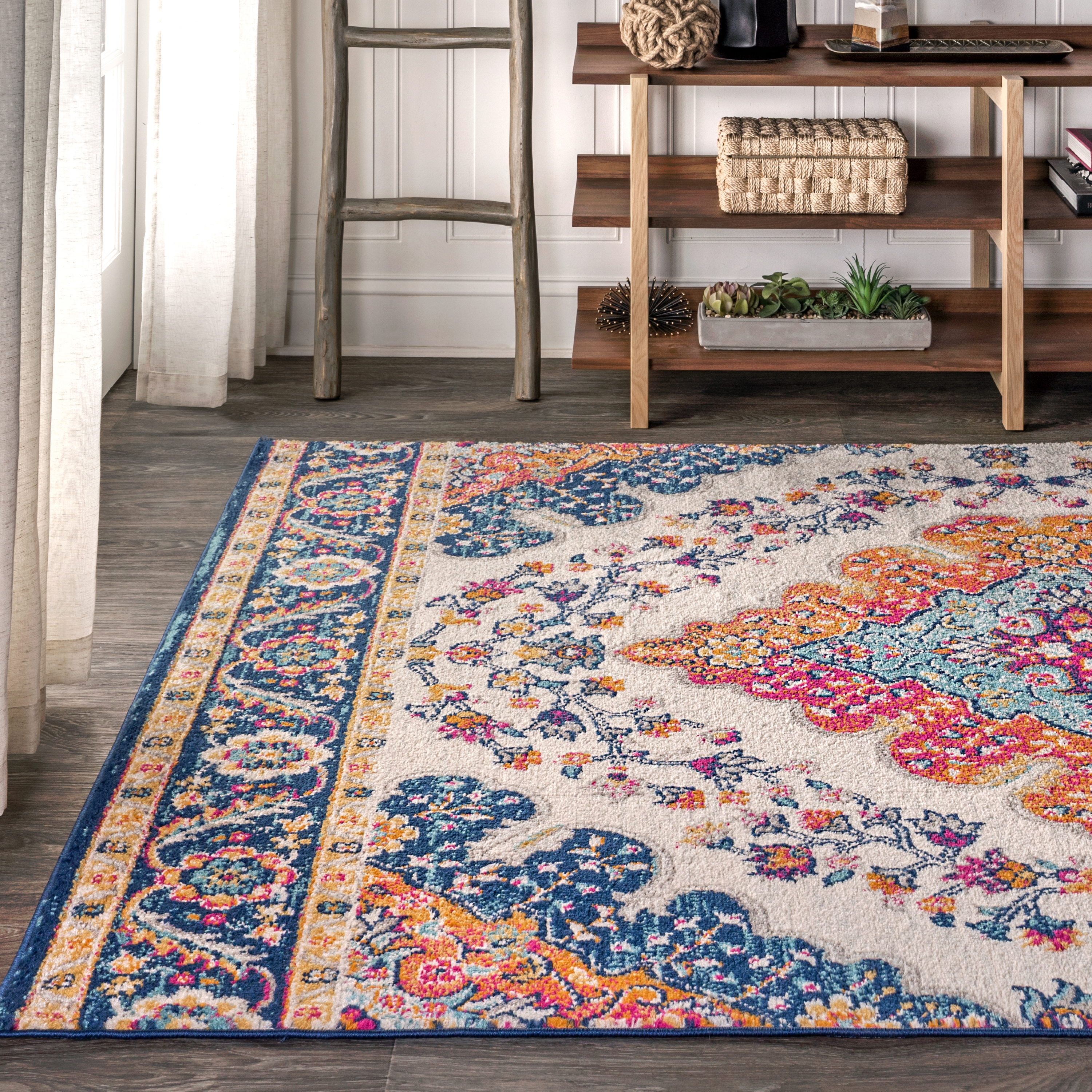 JONATHAN Y FLAIR Boho Vintage Medallion Plush Indoor Area Rug Blue Multicolor - Picture 4 of 49
