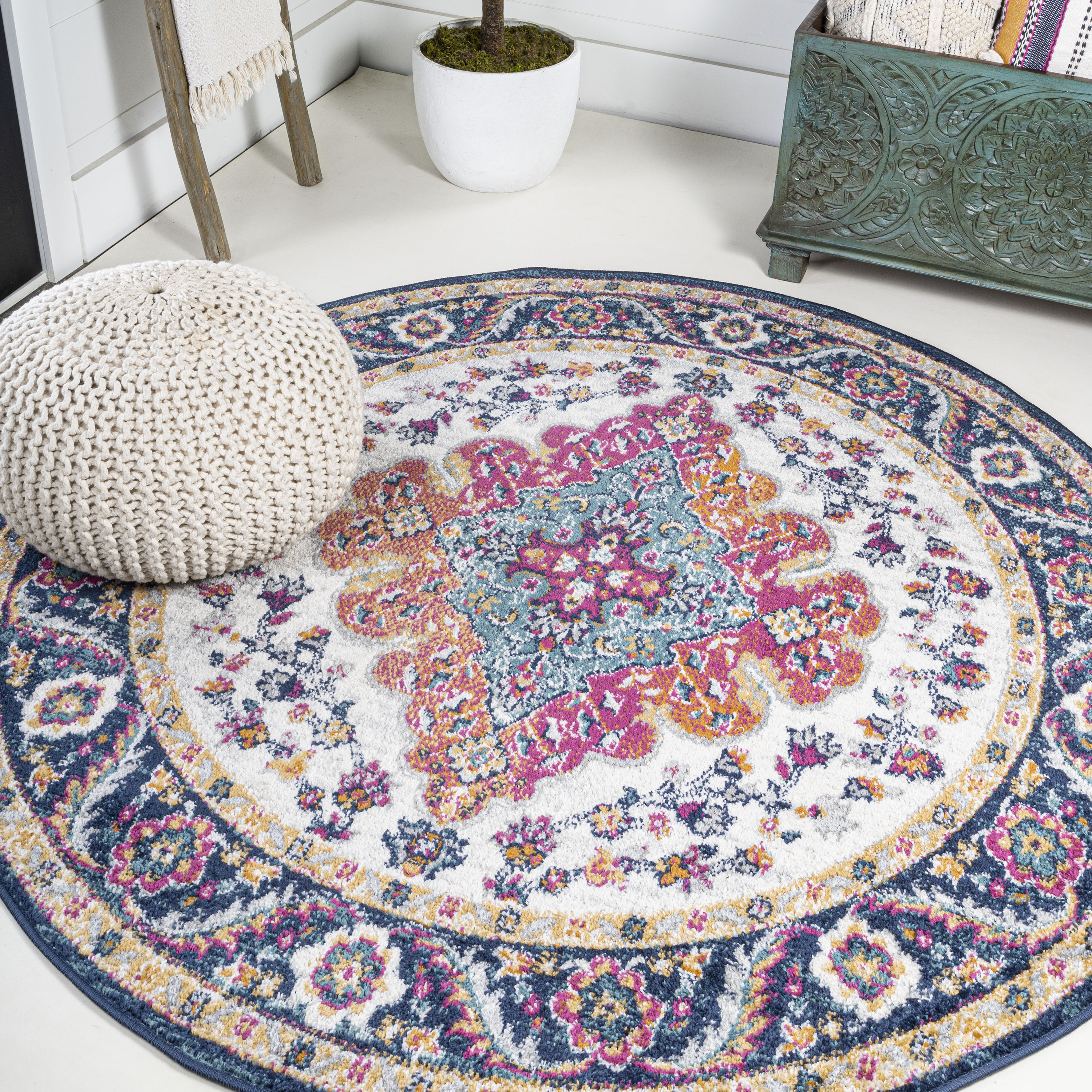 JONATHAN Y FLAIR Boho Vintage Medallion Plush Indoor Area Rug Blue Multicolor - Picture 8 of 49