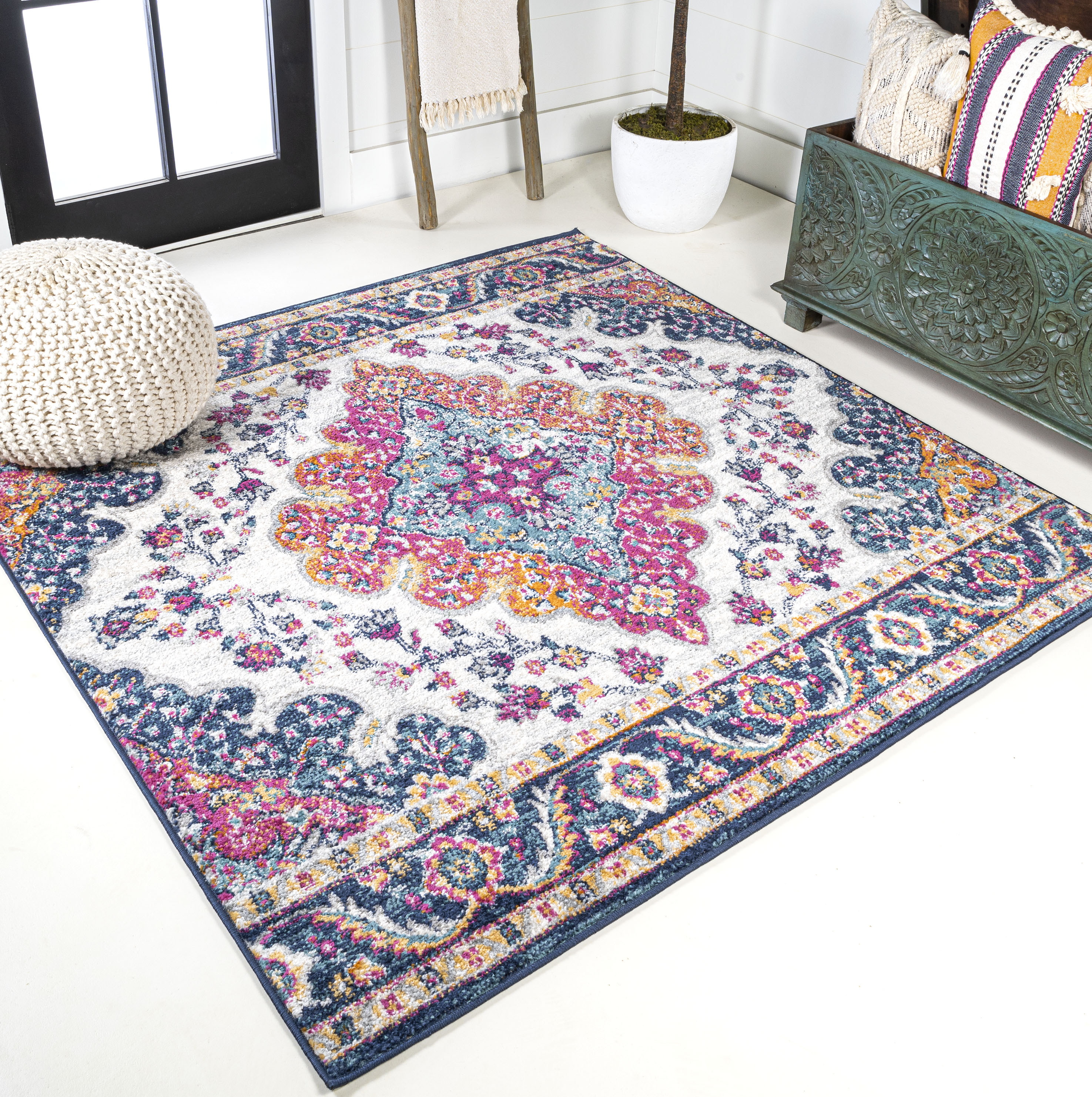 JONATHAN Y FLAIR Boho Vintage Medallion Plush Indoor Area Rug Blue Multicolor - Picture 10 of 49