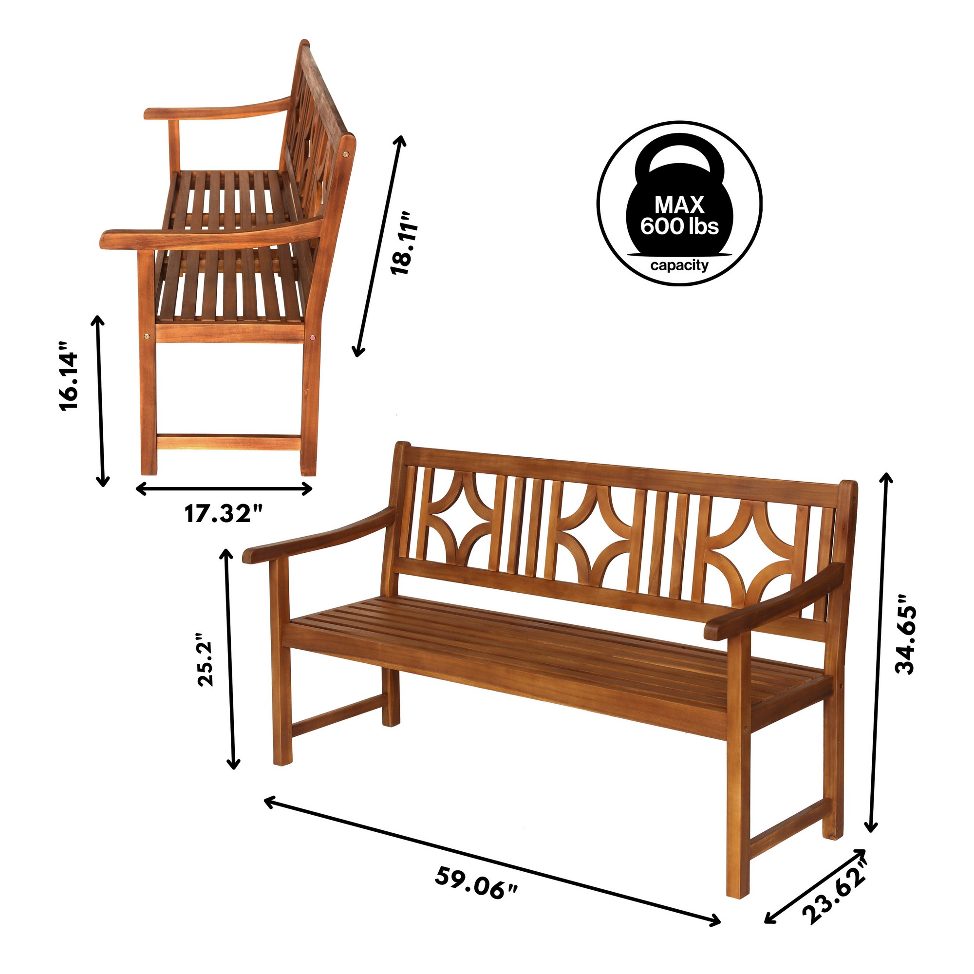 JONATHAN Y BNH100 Sloane Ogee Diamond Back Acacia Outdoor Garden Patio Bench - Picture 20 of 21