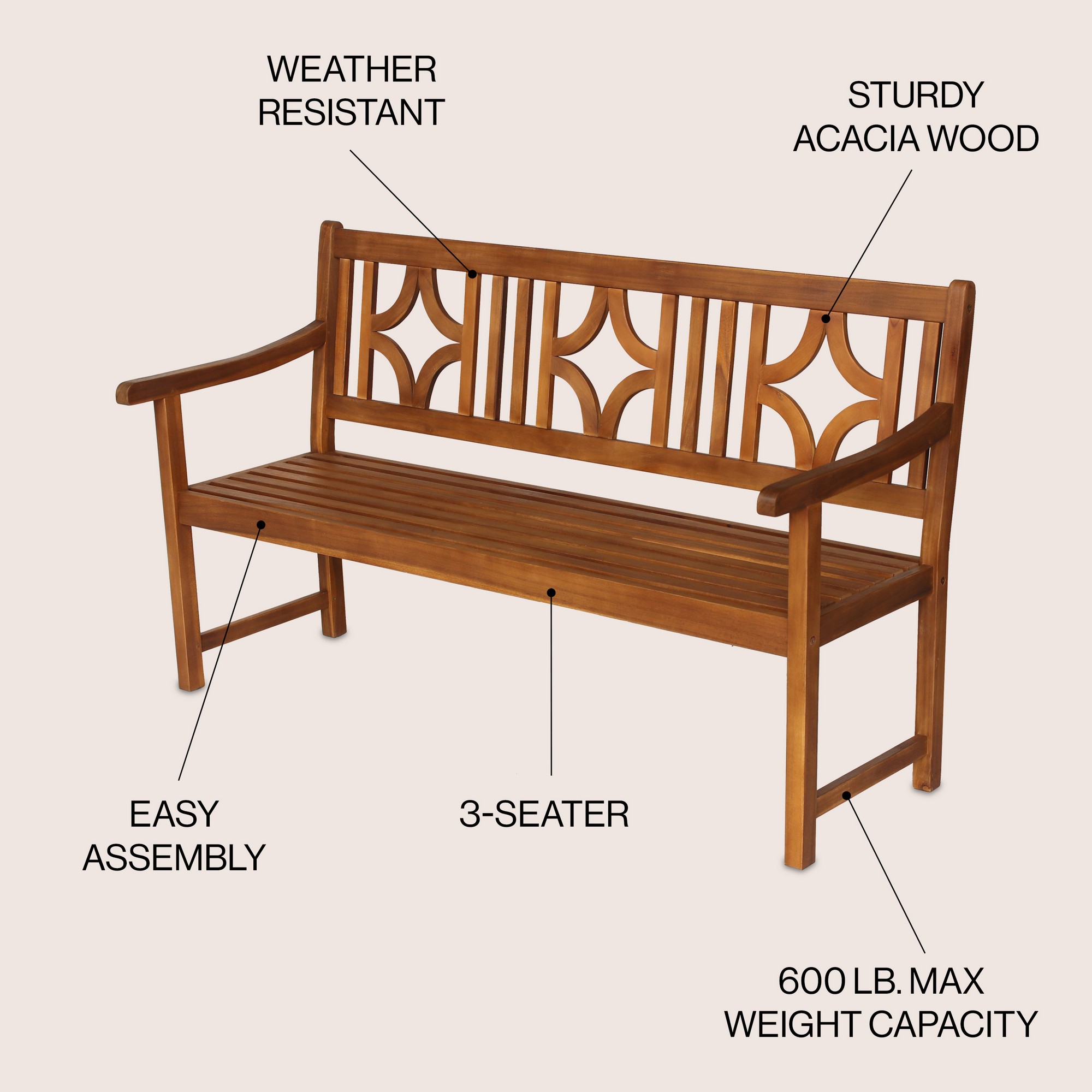 JONATHAN Y BNH100 Sloane Ogee Diamond Back Acacia Outdoor Garden Patio Bench - Picture 16 of 21