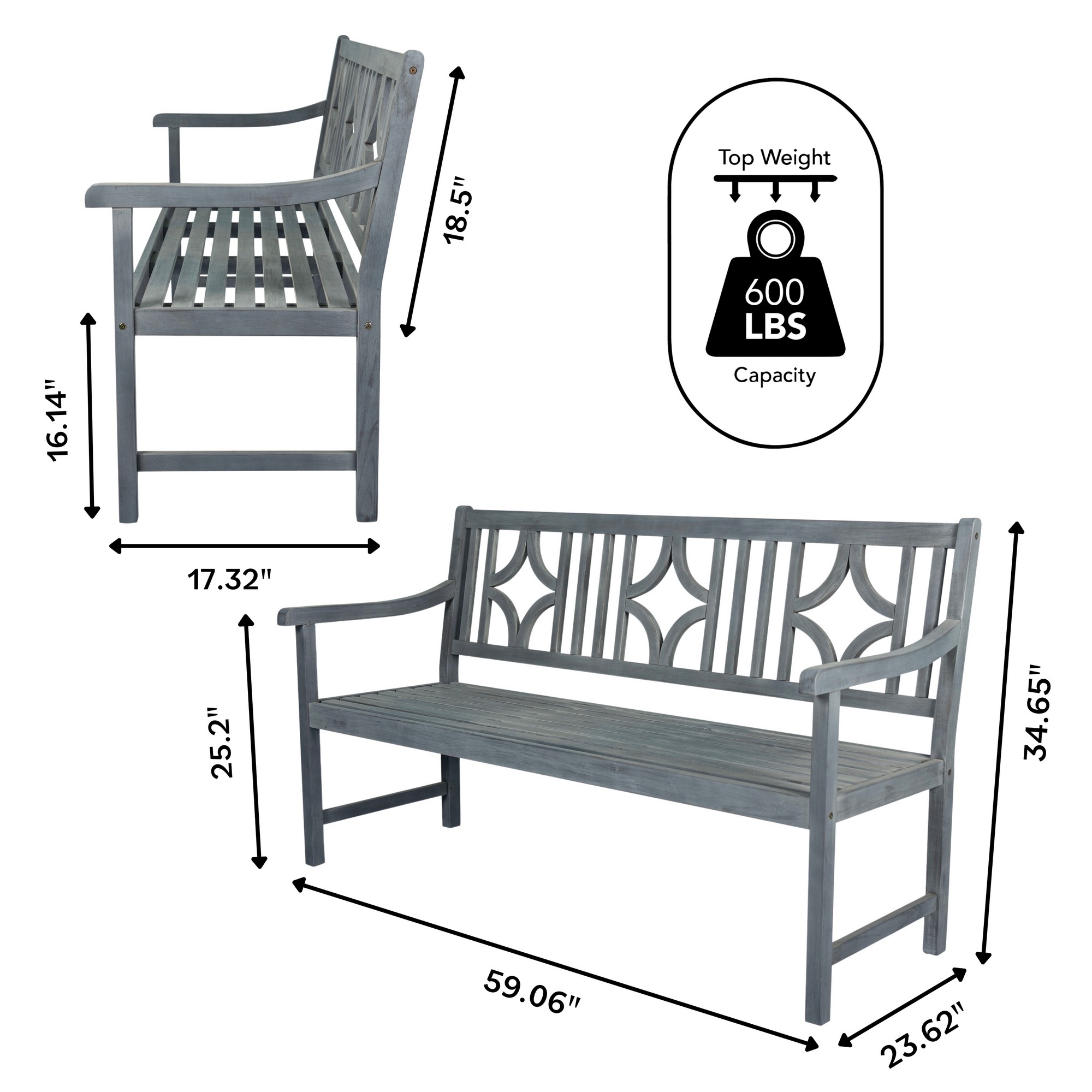 JONATHAN Y BNH100 Sloane Ogee Diamond Back Acacia Outdoor Garden Patio Bench - Picture 12 of 21