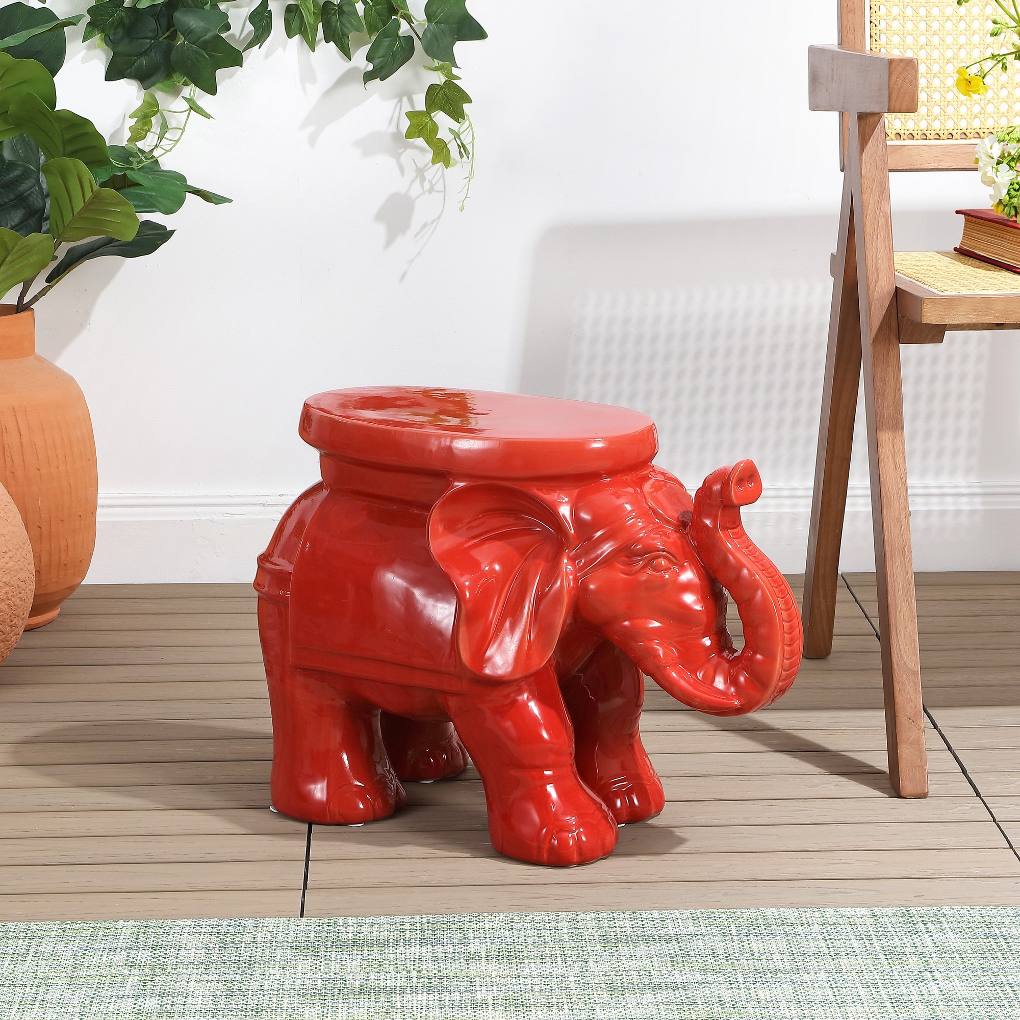 JONATHAN Y TBL1007 White Elephant Ceramic Garden Stool