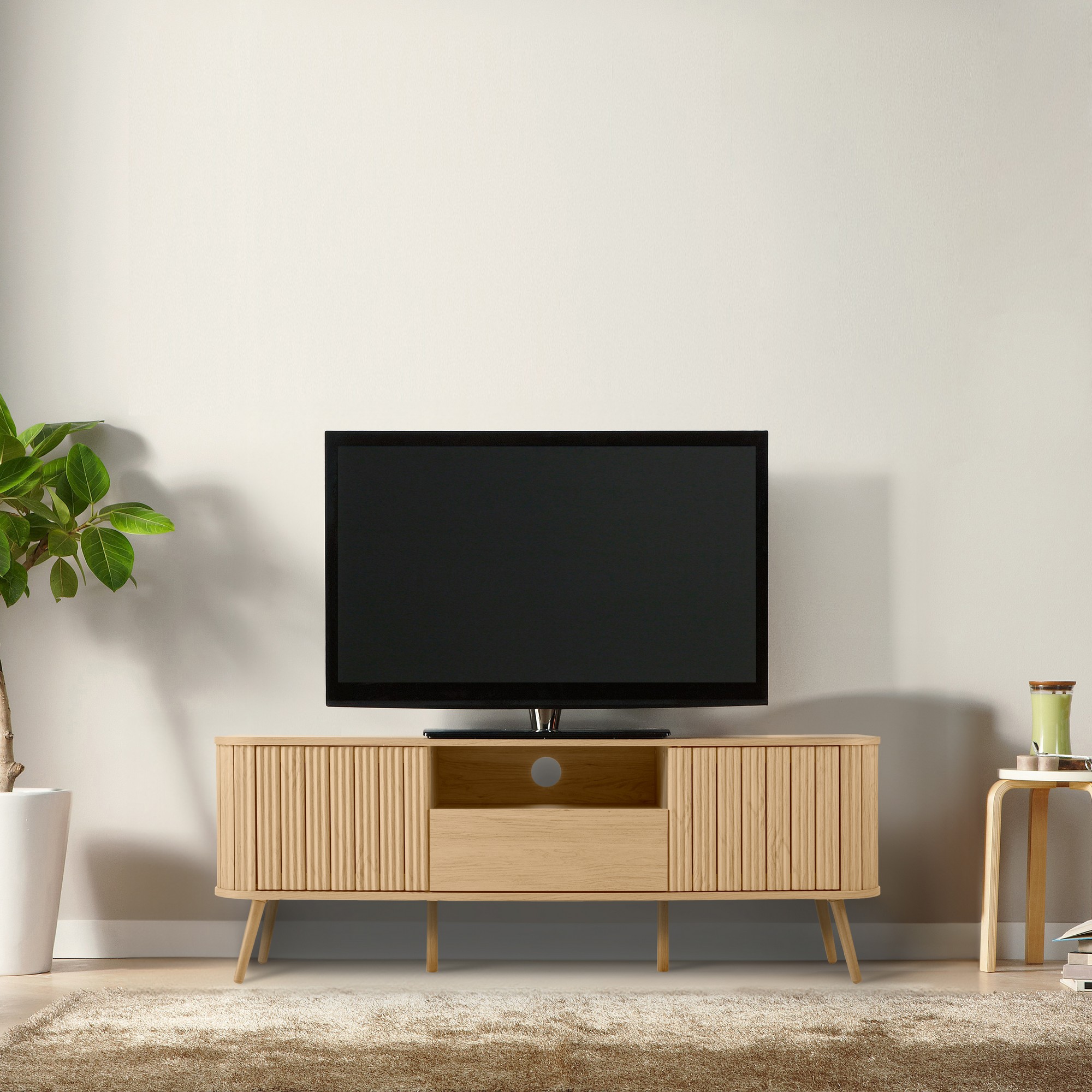 JONATHAN Y TVS1001 Damien Farmhouse Curved TV Stand w/ Drawer and