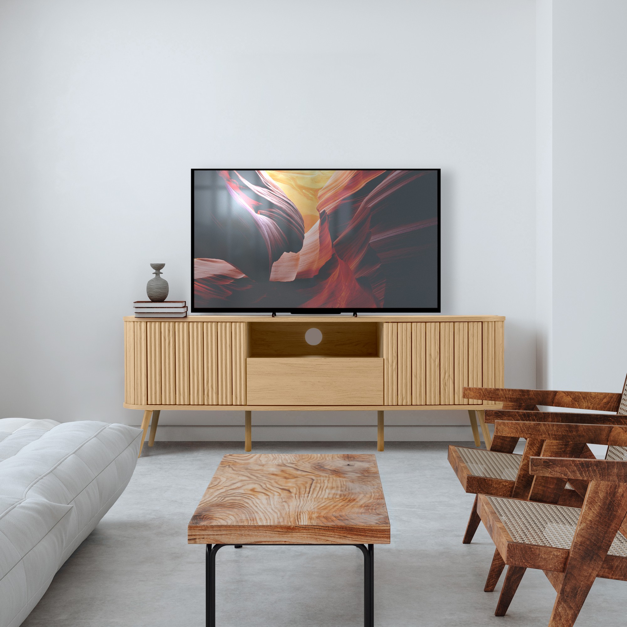 テレビ YOUYOU JONATHAN Y TVS1001 Damien Farmhouse Curved TV Stand w/ Drawer and