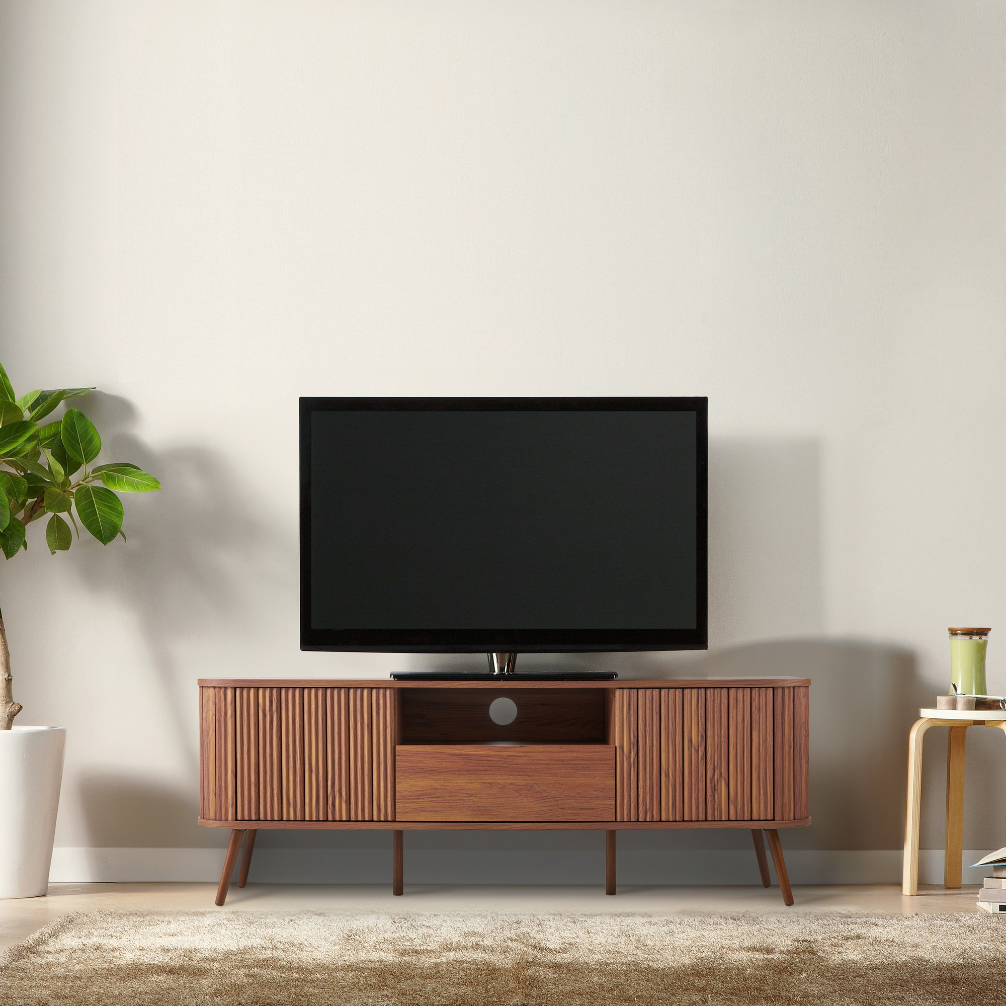 JONATHAN Y TVS1001 Damien Farmhouse Curved TV Stand w/ Drawer and