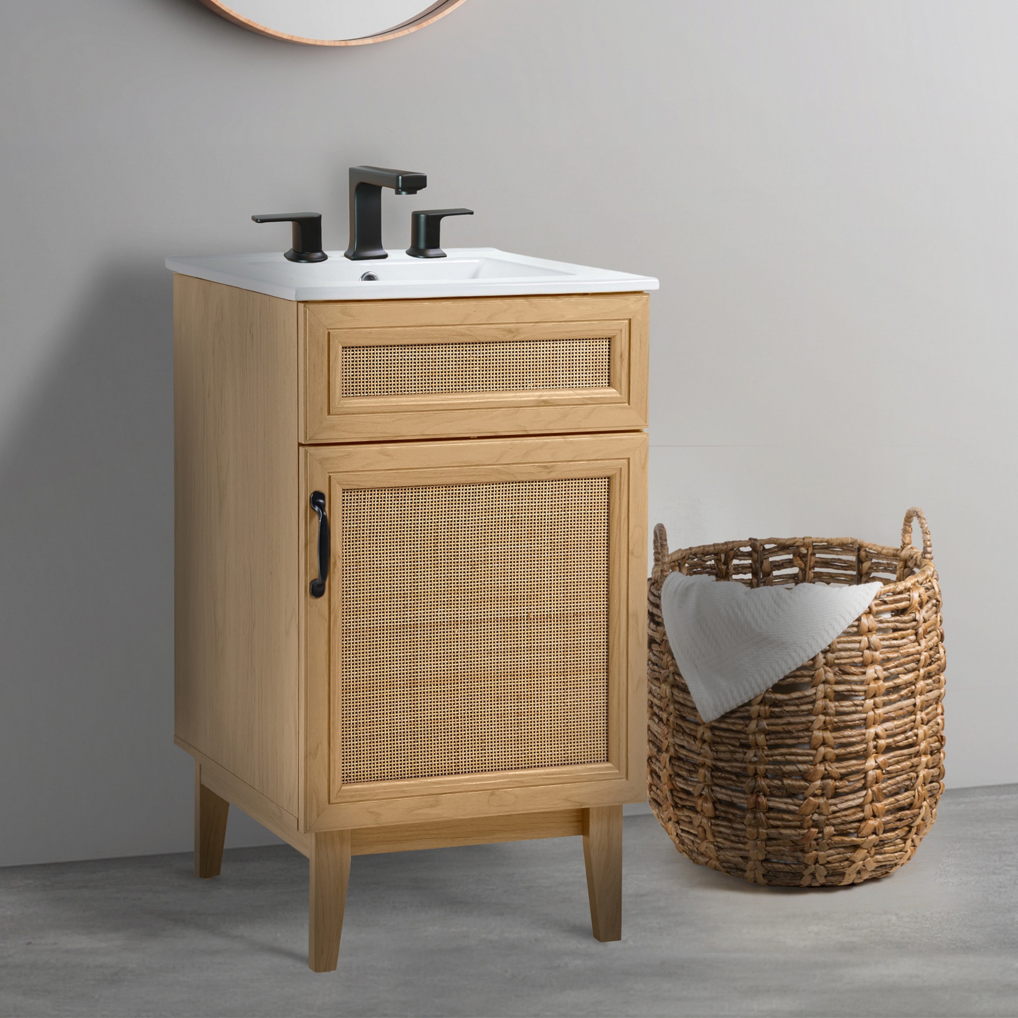 Javer 20 in. W x 18 in. D x 33 in. H Rattan Modern Farmhouse 2-Shelf Bath Vanity