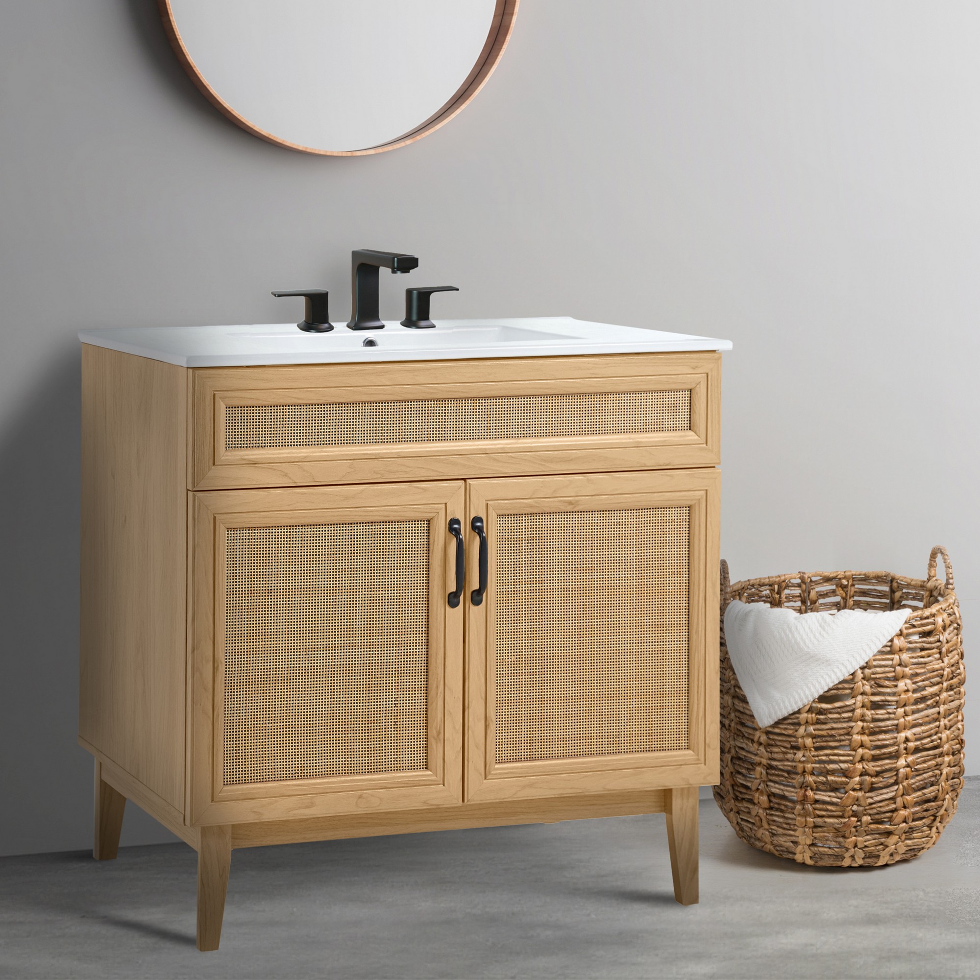 Javer 36 in. W x 18 in. D x 33 in. H Rattan Modern Farmhouse 2-Shelf Bath Vanity