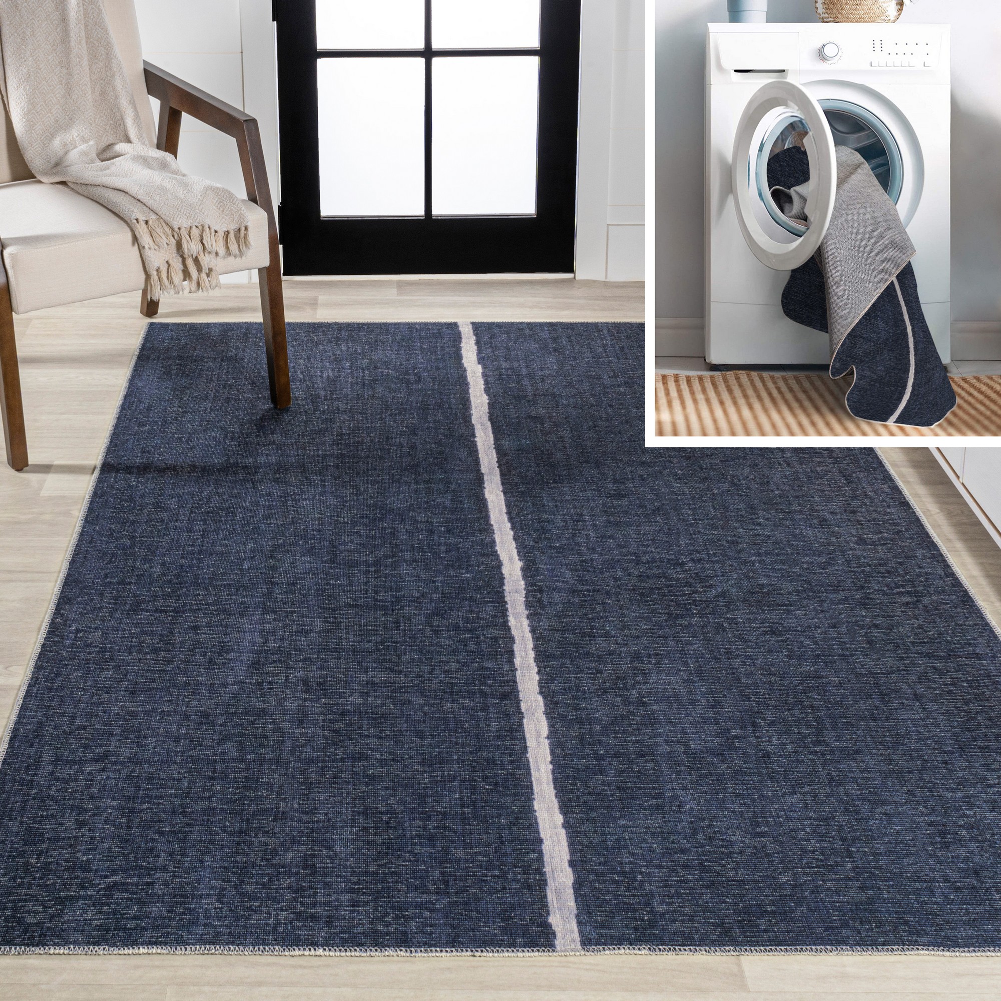 JONATHAN Y WSH117 Linja Solid Centre Stripe, Modern Machine Washable Area Rug