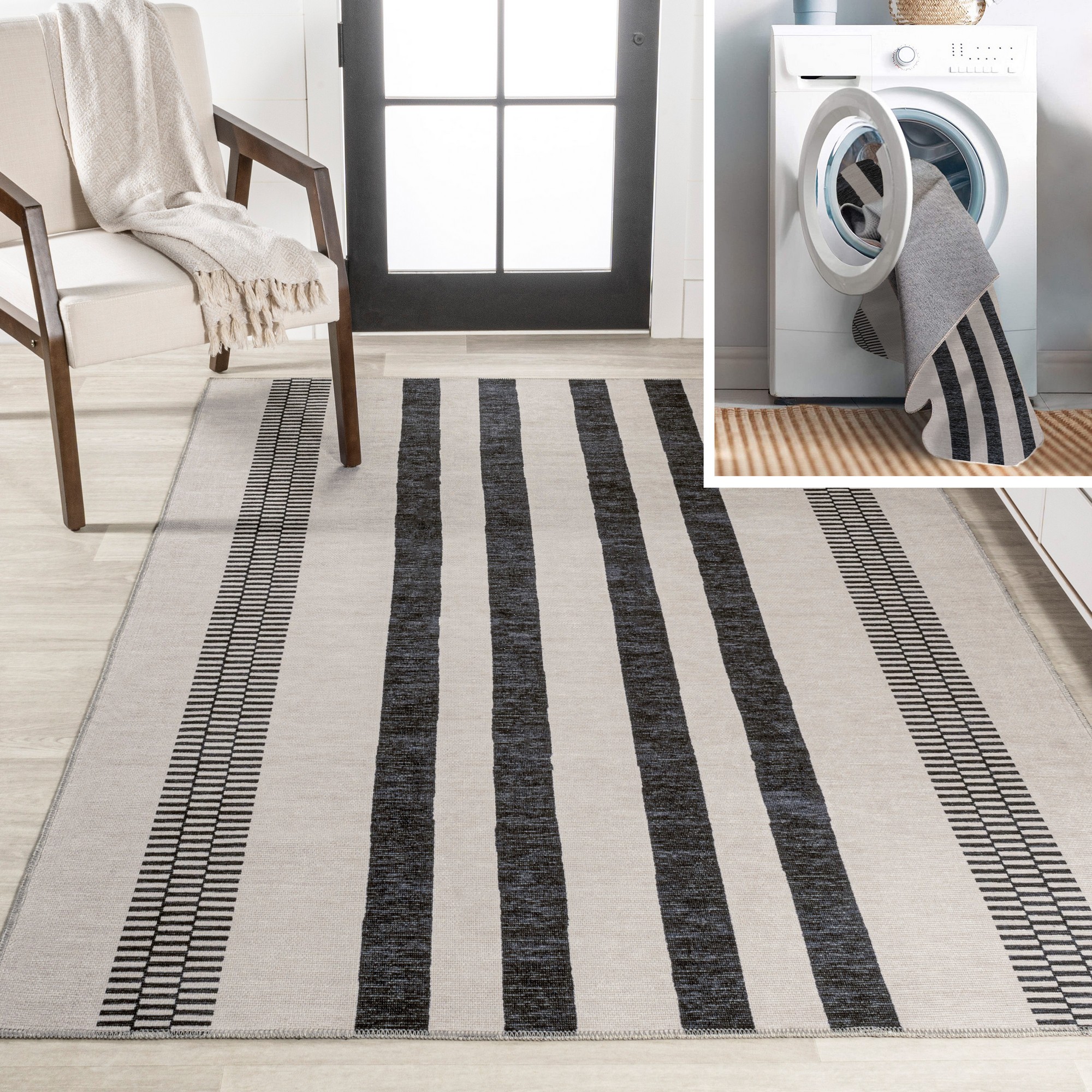 JONATHAN Y WSH122 Vichy Geometric Striped, Farmhouse Machine Washable Area Rug